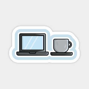 Laptop with Coffee Cup Sticker vector illustration. Technology and drink objects icon concept. Workspace with laptop and coffee cup vector sticker design with shadow. Magnet
