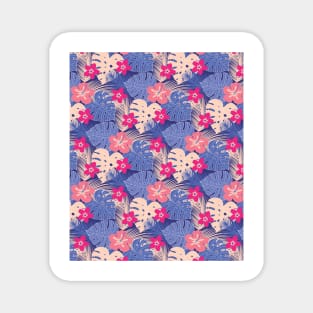 Tropical Blue and Pink Pattern with Monstera & Palm Tree Leaves & Exotic Flowers Magnet