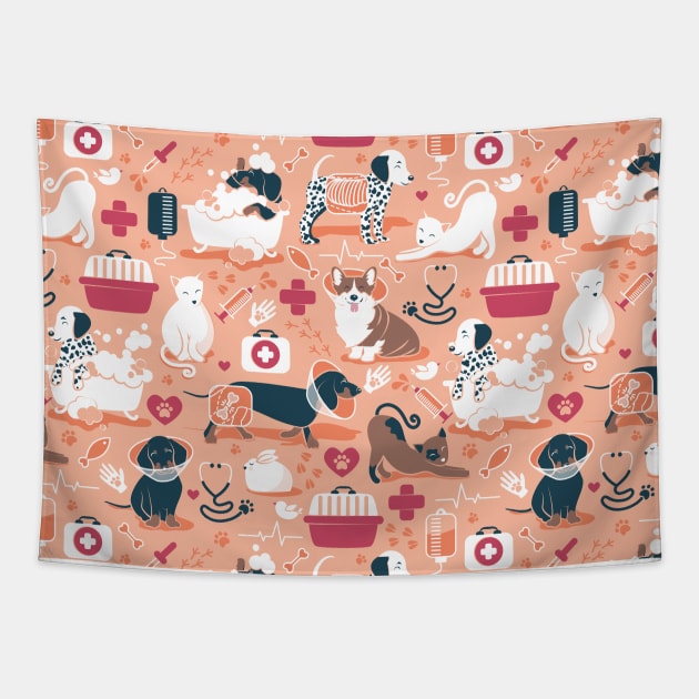 Veterinary medicine, happy and healthy friends // pattern // coral background red details navy blue white and brown cats dogs and other animals Tapestry by SelmaCardoso