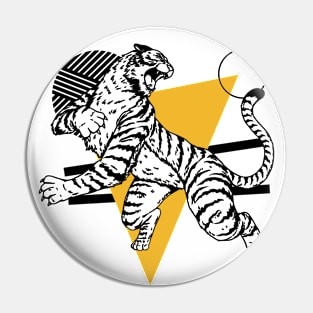 Retro Black & Gold Tiger on the Attack // Vintage Geometric Shapes Background Pin