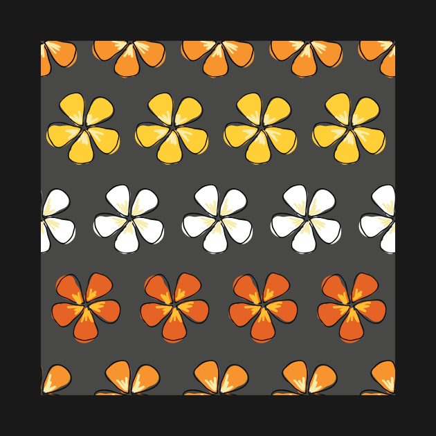 Orange and yellow Hibiscus flowers on gray background by counterclockwise