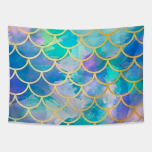 Mermaid Tail Scales Sea Blue Gold Tapestry