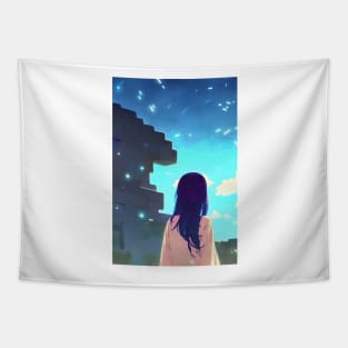 Cute Anime Girl Blue Spark Lights Castle Landscape Tapestry