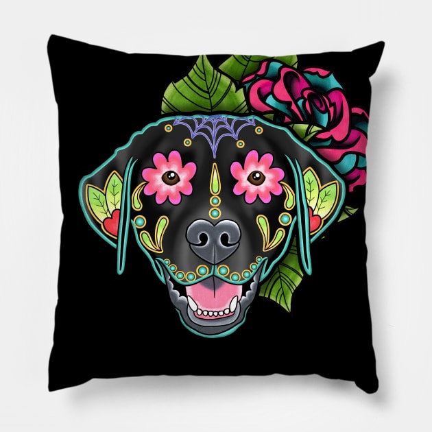 Labrador Retriever in Black - Day of the Dead Sugar Skull Dog Pillow by prettyinink