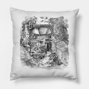 Thatched Cottage - Black & White Version of Original Painting Pillow