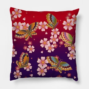 Japanese Butterflies Amid Sakura Blossoms (Red & Purple) Pillow