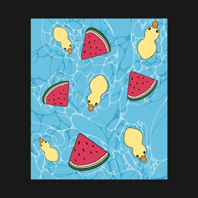 ducks and watermelon in water cute summer by maoudraw