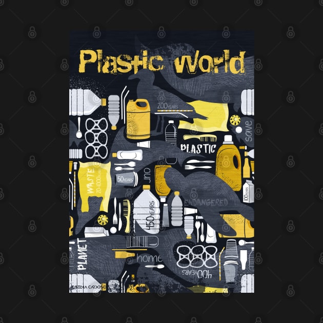 Our plastic planet // print // black background grey endangered animal species with yellow white and transparent plastic waste by SelmaCardoso