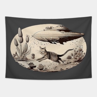 Cat running from UFO Sci-fi Cat lover gift Tapestry