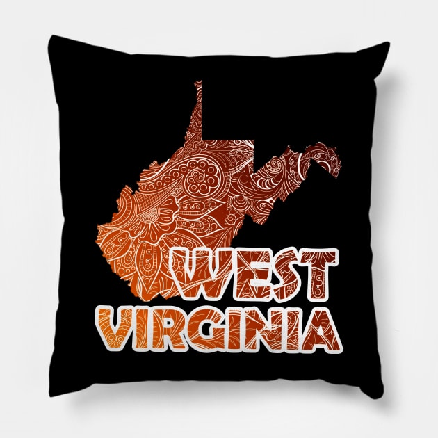 Colorful mandala art map of West Virginia with text in brown and orange Pillow by Happy Citizen