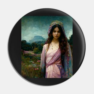 Mary Magdalene, Beautiful Woman, Silk Clothes, Surrounded by a Lush Natural Landscape, Pastel Colors, Mystic, Fantasy, Highly Detailed, Fineart Pin