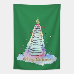 Merry Bookmas Christmas book tree with coffe cup Tapestry