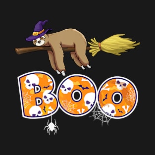 Boo Spooky Bats Spiders Skulls Funny Halloween Sloth T-Shirt