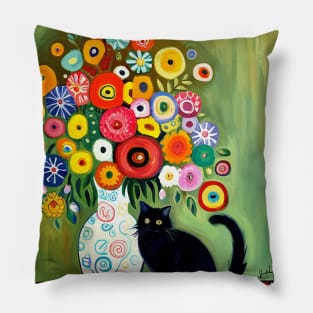 Still Life Painting with Black Cat and Flowers in a White Vase Pillow