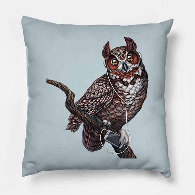 Great Horned Owl with Headphones Pillow by JadaFitch