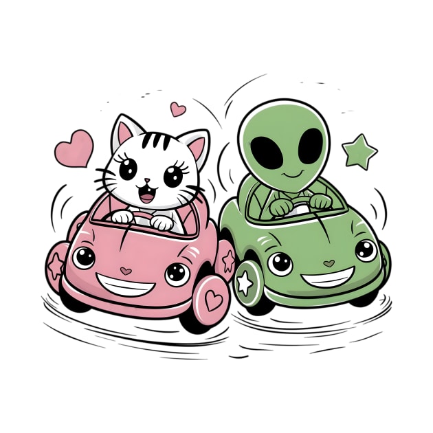 Funny cat and funny alien in crazy cars by Tee.gram