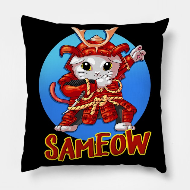 Dabbing Cat Samurai Funny Cats Motif Pillow by Foxxy Merch