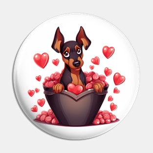 Cartoon Doberman Pinscher Dog in Hearts Basket Pin