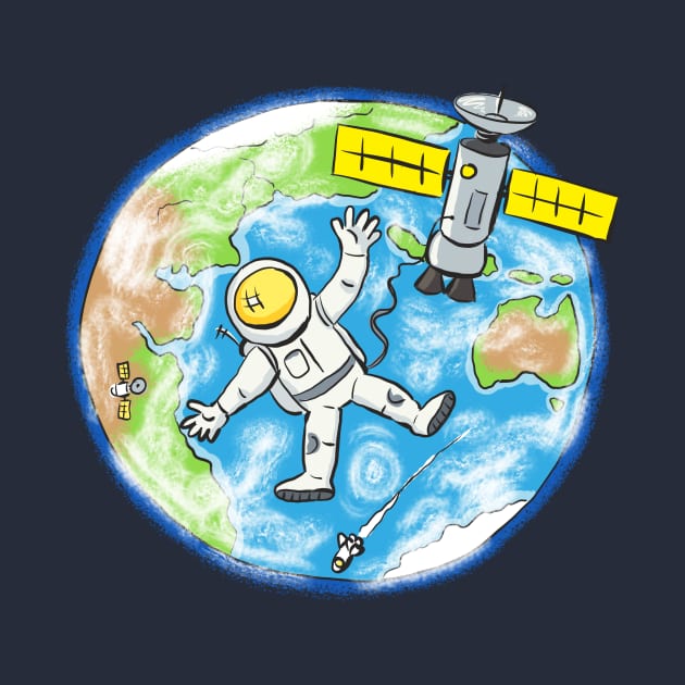 Astronaut and satellite over earth cartoon illustration by FrogFactory