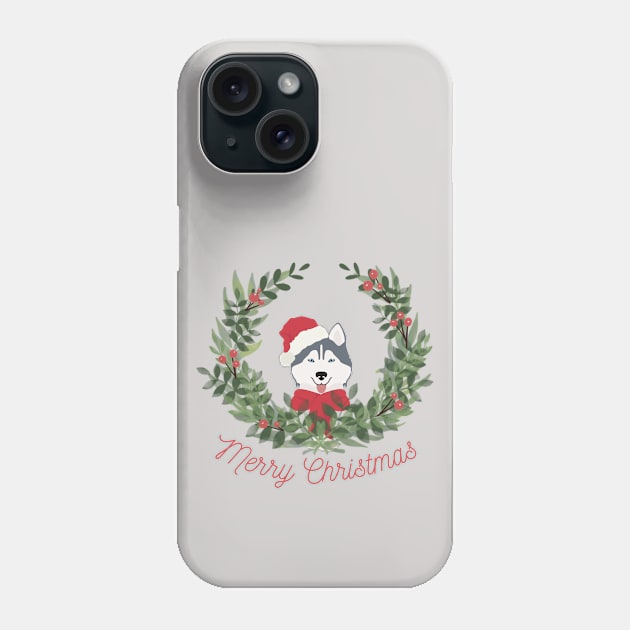 Siberian Husky with Red Santa Hat and Scarf with Green Mistletoe and Merry Christmas Sign Phone Case by Seasonal Dogs