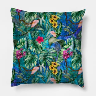 Cute tropical floral leaves botanical illustration, tropical plants,leaves and flowers, blue turquoise leaves pattern Over a Pillow