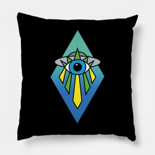 Illuminati Pyramid UFO Evil Eye Art Deco Geometric Diamond Shape Green Blue Sea Sky Space Pillow