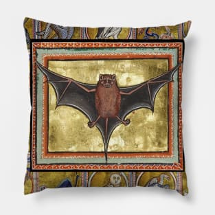 MEDIEVAL BESTIARY,BAT, FANTASTIC ANIMALS IN GOLD RED BLUE COLORS Pillow