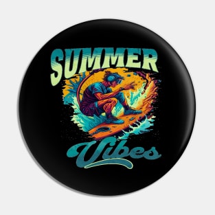 Summer Vibes, Hello Summer Vintage Funny Surfer Riding Surf Surfing Lover Gifts Pin