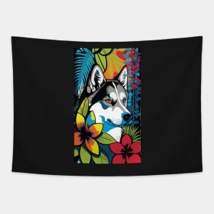 Husky Dog Vibrant Tropical Flower Tall Retro Vintage Digital Pop Art Portrait 3 Tapestry