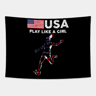 USA Play Like a Girl Soccer Football USA Flag Tapestry