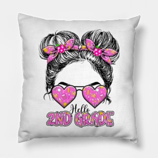 Kids Hello Second Grade Messy Bun Girls 2nd Grade Back To School Pillow