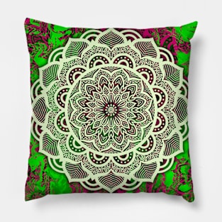 Flower Mandala on Abstract Green and Pink Background Pillow