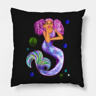 Magical rainbow mermaid with green eyes, pink hair and caramel brown skin Pillow