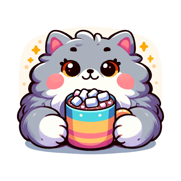Fluffy grey cat drinking hot chocolate by PawPrintShopByMia