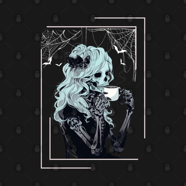 Coffee Drinking Skeleton Messy Bun Halloween Costume Girls by AE Desings Digital