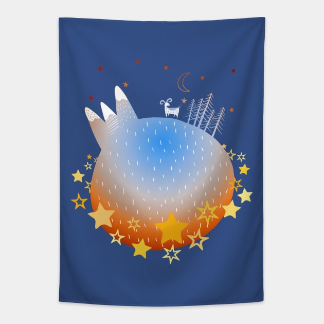 "Home Planet" in orange, blue, and white with a ring of yellow stars - a whimsical world Tapestry by AtlasMirabilis