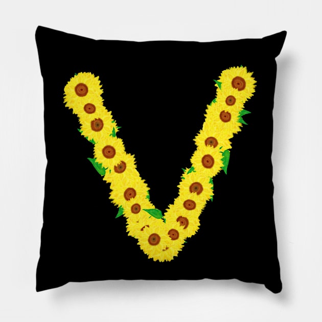 Sunflowers Initial Letter V (Black Background) Pillow by Art By LM Designs 