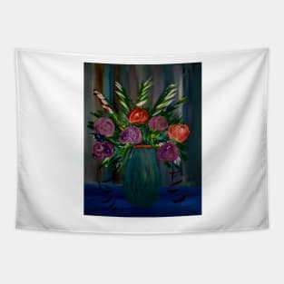 abstract roses and mixed flowers in metallic blue vase Tapestry