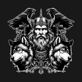 Viking God Odin With His Wolves And Crows T-Shirt