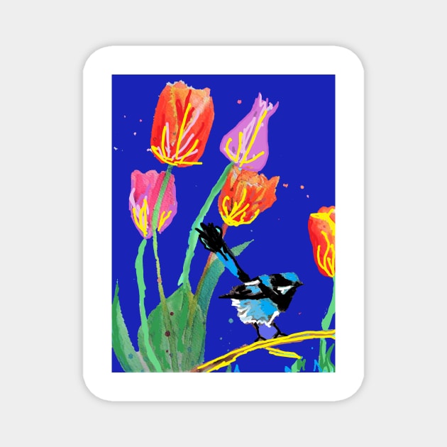 Abstract Blue Wren and Tulips Painting - on Navy Blue Magnet by SarahRajkotwala