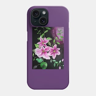 Purple pink clematis flowers watercolor painting against a dark background Phone Case