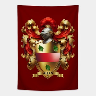 Allen Family Crest   Noble Red Band and Green Oak Leaves on Gold Shield Tapestry