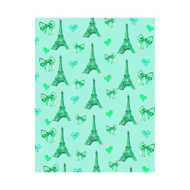 Girly Eiffel Tower Pattern in Watercolours Mint Blue Background by ArtInPi