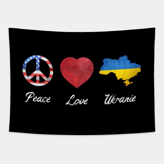 Peace Love Ukraine USA Flag Ukraine Flag Tapestry by az_Designs