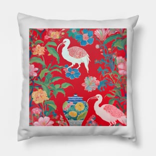 Grandmillennial chinoiserie red ibis and Ming ginger jar Pillow