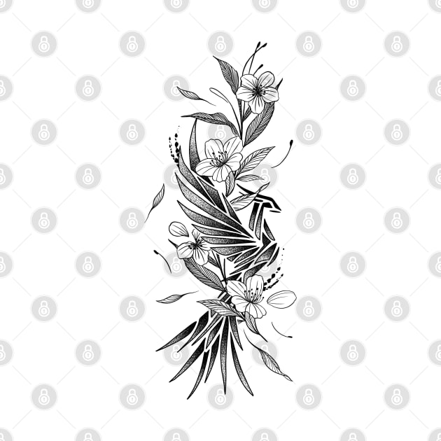 Black and white phoenix bird with flowers by ilhnklv