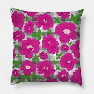 Retro Ramblin' Rose Pink and Green on Grey Plaid Pillow