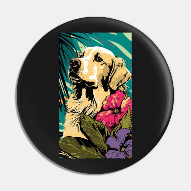 Golden Retriever Dog Vibrant Tropical Flower Tall Retro Vintage Digital Pop Art Portrait 3 Pin by ArtHouseFlunky