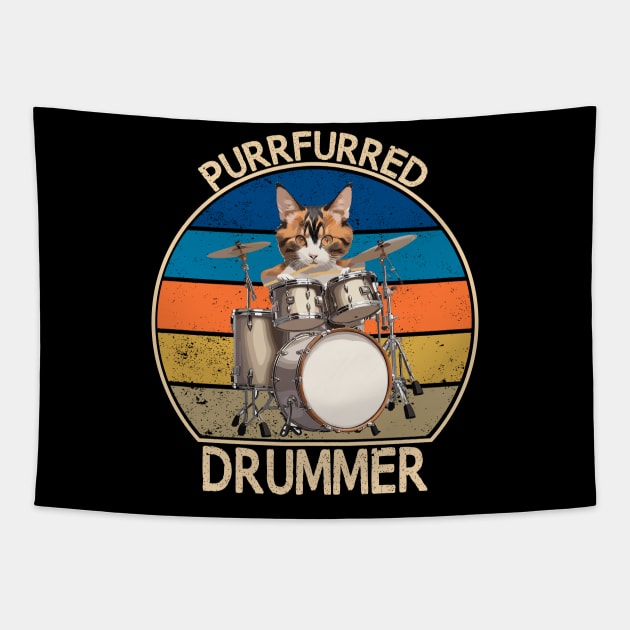 PurrFurred Drummer Funny Cat Playing Drums Tapestry by DonnaPeaches