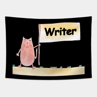 Writer. Profession, work, job. Cat shows a banner with the inscription. Watercolor illustration. A gift for a professional. Tapestry